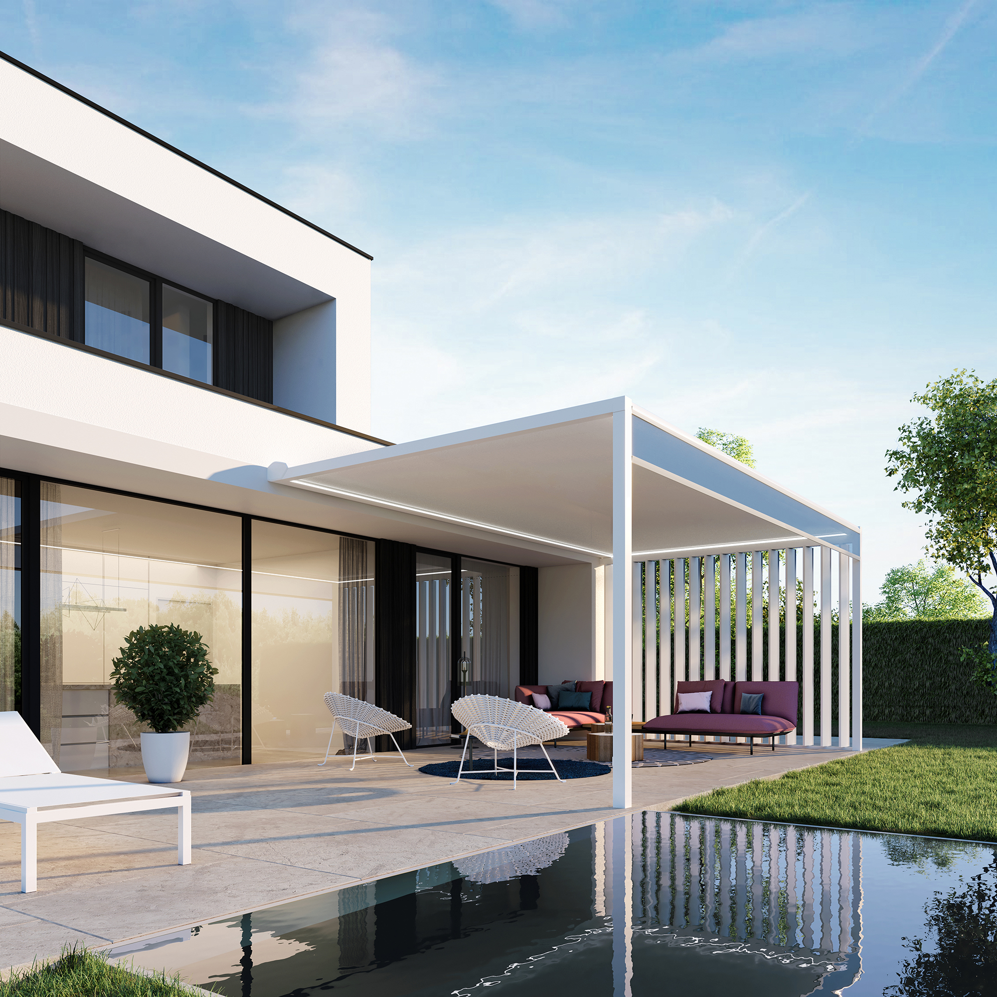 Maison moderne avec piscine et terrasse spacieuse.